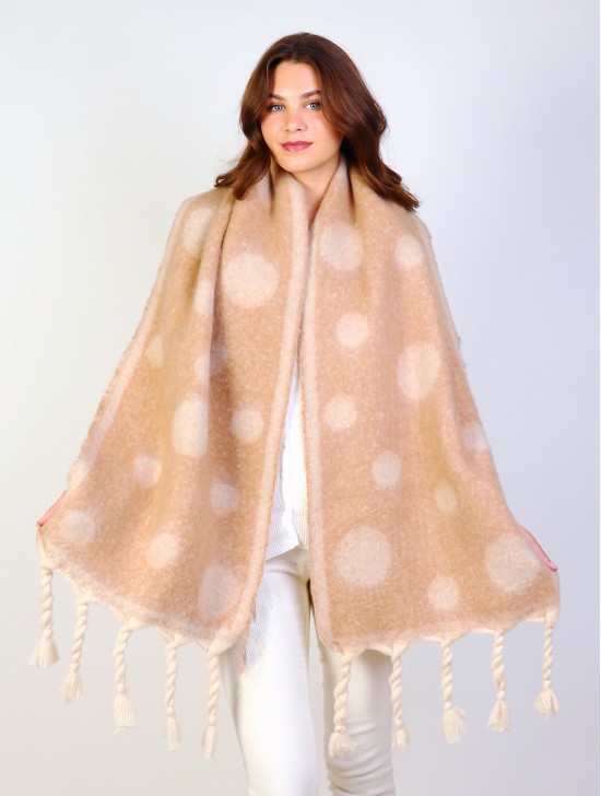 Circle Patterned Blanket Scarf W/ Twisted Tassels